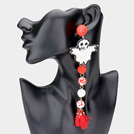 Long Dropped Ghost Seed Beaded Ball Tassel Link Dangle Earrings