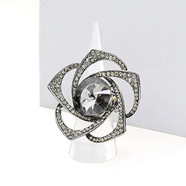 Round Stone Centered Rhinestone Flower Stretch Ring