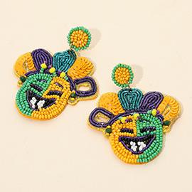 Felt Back Seed Beaded Mardi Gras Mask Dangle Earrings