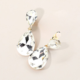 Glass Crystal Double Teardrop Clip On Evening Earrings