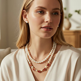 2PCS - Rhinestone Embellished Metal Heart Accented Pearl Necklaces