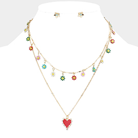 2PCS - Enamel Flower Station Rhinestone Trim Heart Pendant Necklaces