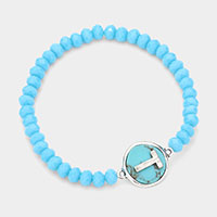 -T- Initial Monogram Turquoise Charm Faceted Beaded Stretch Bracelet
