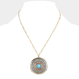 Turquoise Centered Irregular Metal Round Pendant Necklace