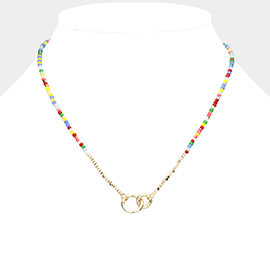Double Open Metal Circle Link Pendant Faceted Beaded Necklace