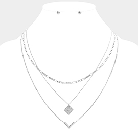 Metal Square Chevron Pendant Triple Layered Necklace