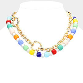 Open Metal Circle Accented Pearl Resin Beaded Double Layered Necklace