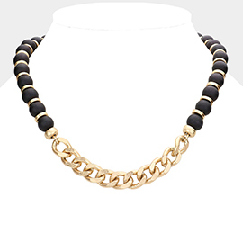 Metal Chain Link Accented Wood Necklace