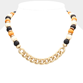 Metal Chain Link Accented Wood Necklace