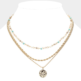Hammered Metal Disc Pendant Triple Layered Necklace