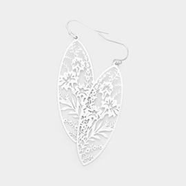 Filigree Flower Leaf Detailed Brass Metal Marquise Dangle Earrings