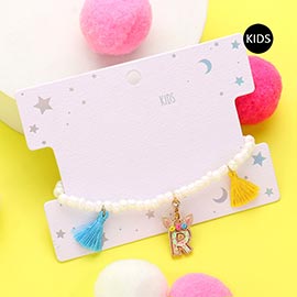 -R- Unicorn Initial Monogram Tassel Station Kids Beaded Stretch Bracelet
