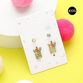 2Pairs - E Round Stone Unicorn Initial Monogram Stud Kids Earrings