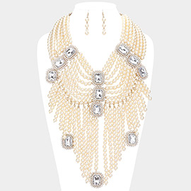 Stone Accented Pearl Fringe Statement Necklace