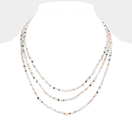 Rectangle Lucite Colorful Seed Beaded Triple Layered Bib Necklace