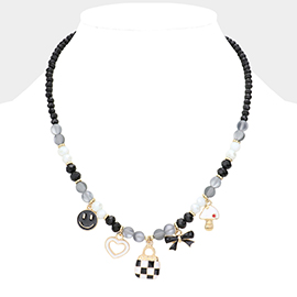 Enamel Smile Heart Tote Bag Bow Mushroom Pendant Station Beaded Necklace