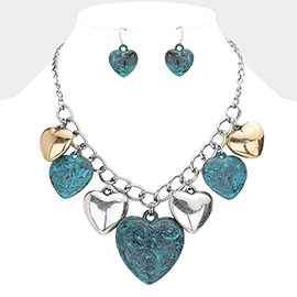 Multi Metal Heart Pendants Dangle Necklace