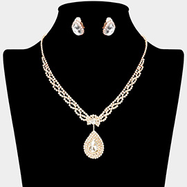 Teardrop Stone Pendant Accented Rhinestone Pave Necklace Clip on Earring Set