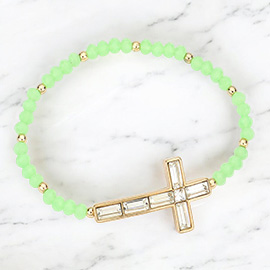 Cross Accented Faceted Beaded Stretch Bracelet