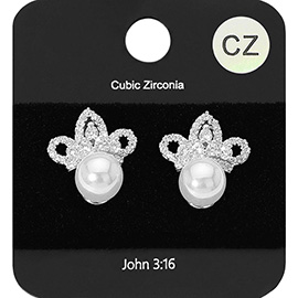 Pearl Accented CZ Embellished Crown Stud Evening Earrings