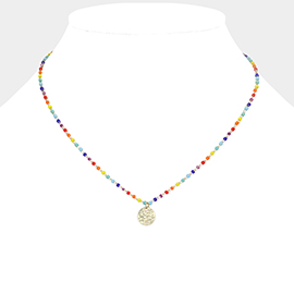 Textured Metal Disc Pendant Tiny Bead Link Necklace