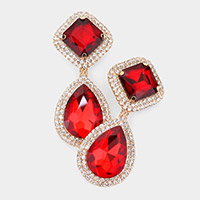 Square Teardrop Stone Accented Dangle Evening Clip on Earrings