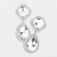 Square Teardrop Stone Accented Dangle Evening Clip on Earrings