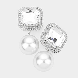 Square Stone Pearl Link Dangle Evening Clip on Earrings
