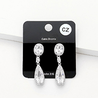 CZ Oval Teardrop Link Dangle Evening Earrings