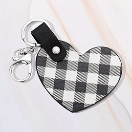 Buffalo Check Patterned Faux Leather Heart Keychain / Bag Charm