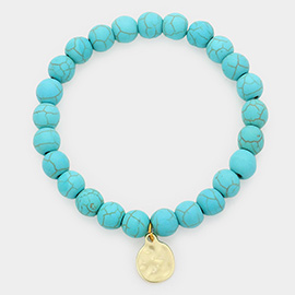 Natural Stone Hammered Metal Charm Stretch Bracelet