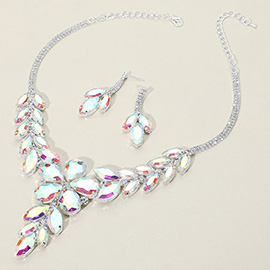 Flower Accented Marquise Stone Cluster Evening Necklace