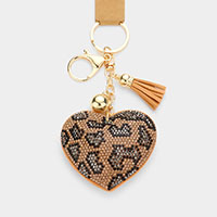Leopard Patterned Bling Heart Tassel Keychain