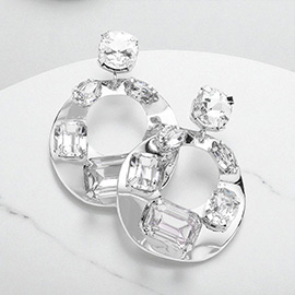 Multi Stone Embellished Crushed Metal Dangle Earrings
