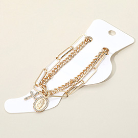 2PCS - Rhinestone Cross Virgin Mary Charm Anklets
