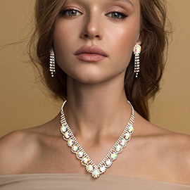 Oval Stone Accented V Shaped Rhinestone Necklace Clip on Earring Set