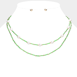Pearl Station Tube Beaded Double Layered Necklace