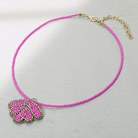 Felt Back Seed Beaded Shell Pendant Necklace