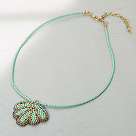 Felt Back Seed Beaded Shell Pendant Necklace