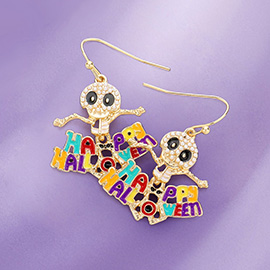 Enamel Metal Happy Halloween Message Pearl Embellished Skull Dangle Earrings