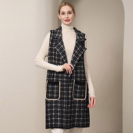 Check Patterned Front Pockets Vest