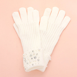 Pearl Stone Embellished Knit Gloves