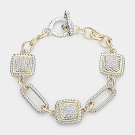 Rhinestone Embellished Square Link Toggle Bracelet