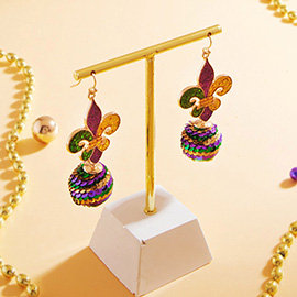 Mardi Gras Glittered Fleur de Lis Sequin Ball Link Dangle Earrings