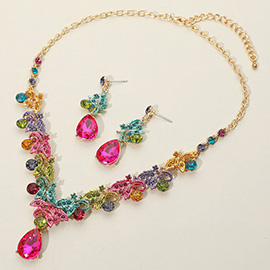 Teardrop Round Stone Accented Leaf Evening Necklace