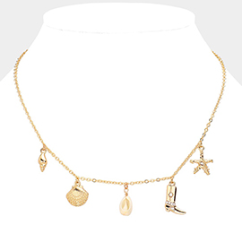 Shell Western Boots Starfish Charm Station Necklace
