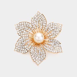 Pearl Pointed Stone Paved Flower Pin Brooch