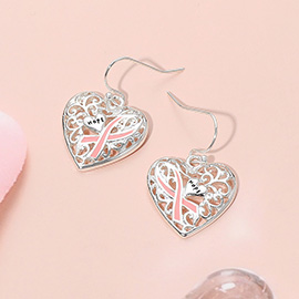 Enamel Pink Ribbon HOPE Message Cutout Heart Dangle Earrings