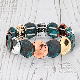 Burnished Textured Metal Disc Link Stretch Bracelet