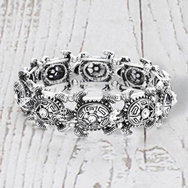 Antique Metal Stone Centered Turtle Link Stretch Bracelet